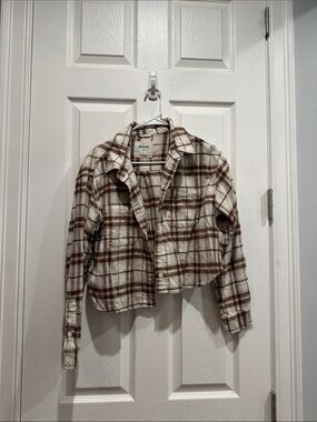 American Eagle Outfitters Cropped Plaid Flannel Jacket - Brown & Cream